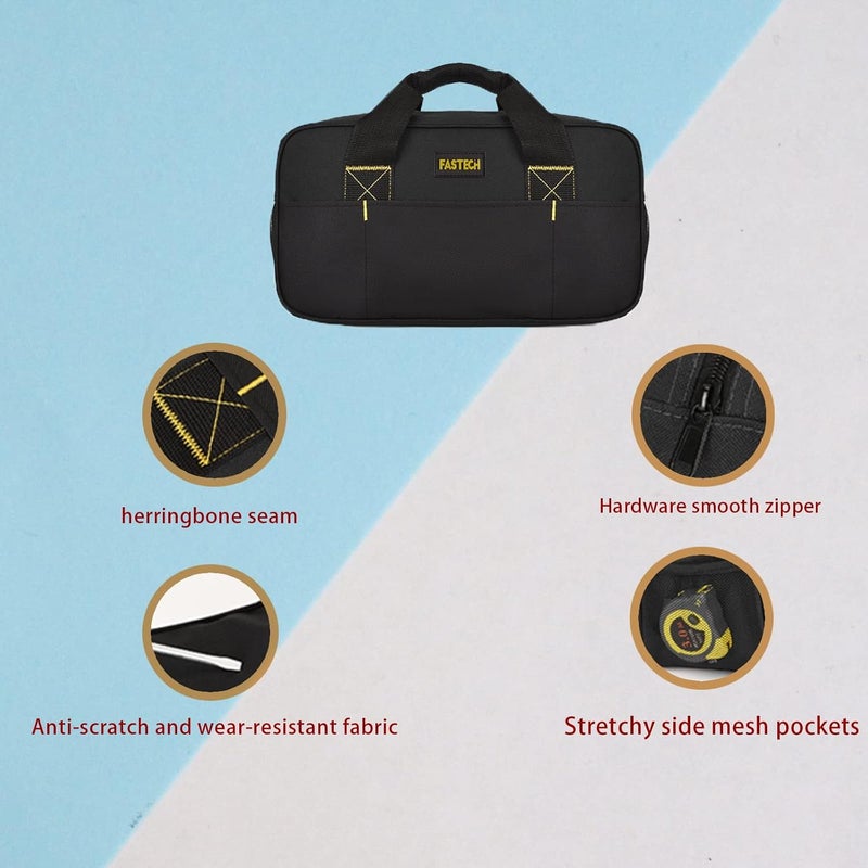 FSATECH 14 Inch Small Tool Bag, Wide Mouth Tool Tote Bag, Waterproof Tool Organizer Bag, Electricians Repairman Tools Tote Bag Double Fabric Storage Bag (Black+Blue) - Image 2